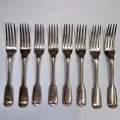 Lot 114 - A set of four silver fiddle and thread crested...