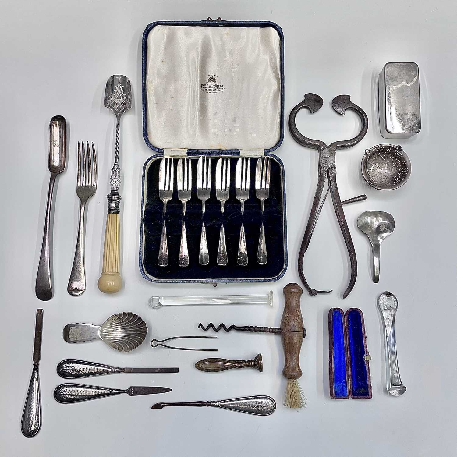 Lot 19 - Plated wares, a sugar loaf cutter etc.