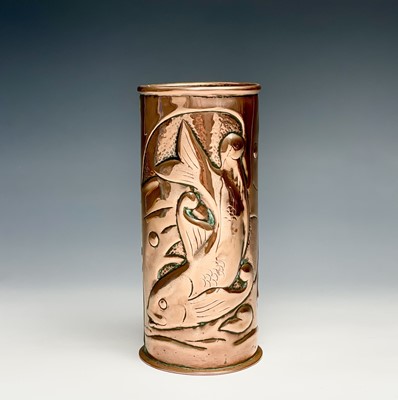 Lot 307 - A Newlyn copper cylindrical vase, repousse...