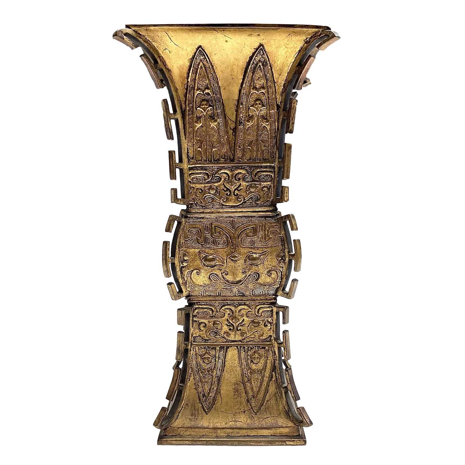 Lot 69 - A Chinese gilt bronze Gu-shaped vase, long...
