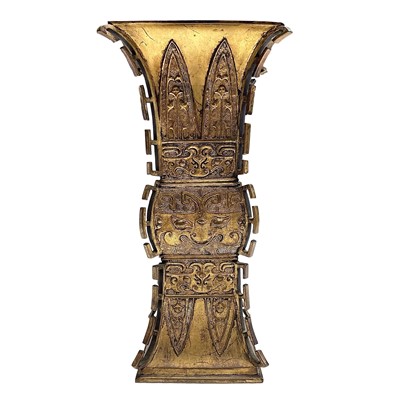 Lot 69 - A Chinese gilt bronze Gu-shaped vase, long...