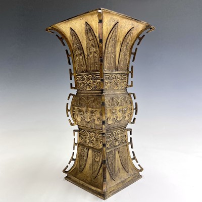 Lot 69 - A Chinese gilt bronze Gu-shaped vase, long...