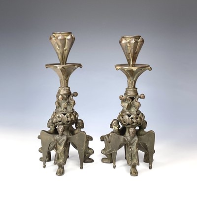Lot 118 - A pair of French bronze gothic candlesticks by A D Delafontaine.