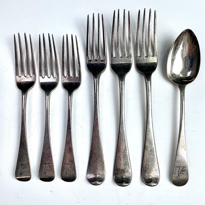Lot 66 - Three George III silver table forks, London...