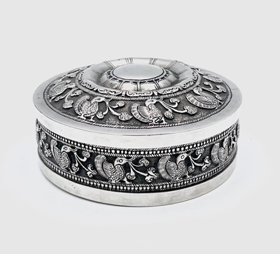 Lot 73 - A Chinese silver cylindrical jar and cover,...