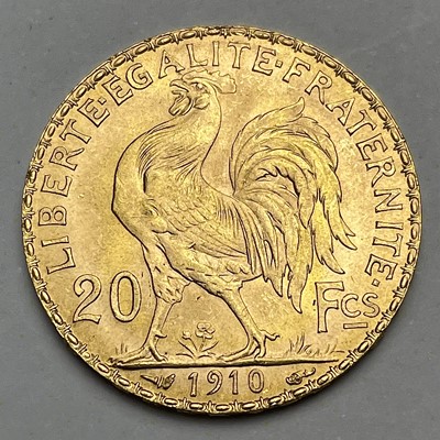 Lot 682 - A 1910 20 Franc 22ct gold coin, 6.47g.