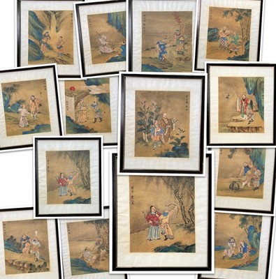 Lot 40 - Thirteen Chinese paintings on woven silk,...