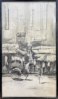Lot 156 - Hong Kong Street Scene, Ink on canvas,...