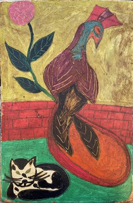 Lot 708 - Julia BERLIN (1942-2021) Bird and Cat Oil on...