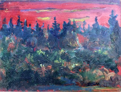 Lot 620 - Sven BERLIN (1911-1999) Forest Sunset Oil on...