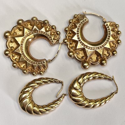 Lot 430 - Two pairs of 9ct gold hollow hoop gypsy...