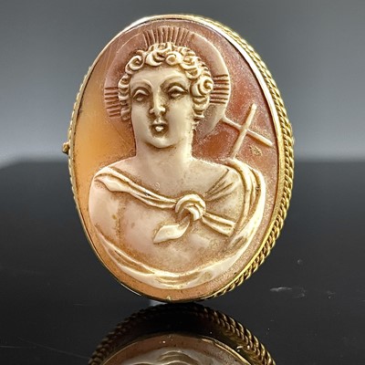 Lot 489 - A 9ct gold mounted shell cameo brooch, carved...