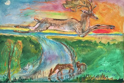 Lot 579 - Sven BERLIN (1911-1999) Leaping Stag Oil on...