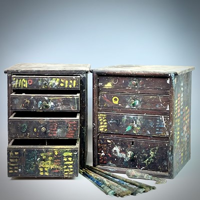 Lot 482 - Two studio chests of drawers with oil paints...