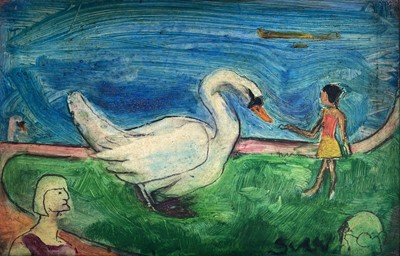 Lot 446 - Sven BERLIN (1911-1999)   Girl and Swan Oil on...