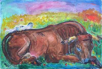 Lot 561 - Sven BERLIN (1911-1999) Cow and White Calf Oil...