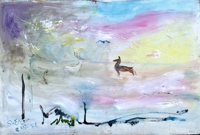 Lot 496 - Sven BERLIN (1911-1999) Deer in Snowstorm Oil...