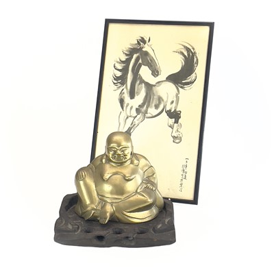 Lot 289 - A Chinese brass buddha on a carved wood stand,...