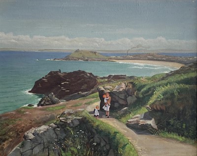 Lot 219 - A.G Figures on a coastal path, St Ives Oil on...