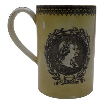 Lot 1301 - A Georgian pearlware commemorative mug,...