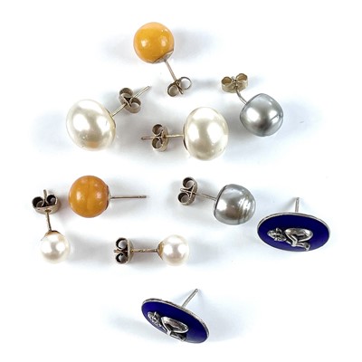 Lot 25 - Four pairs of 9ct mounted earrings together...