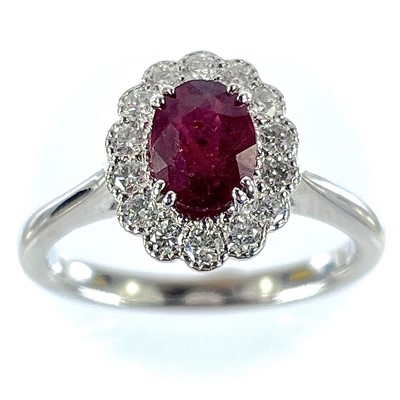 Lot 93 - An 18ct white gold Burmese ruby diamond...