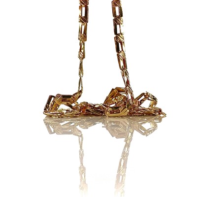 Lot 28 - An 18ct gold fancy rectangular link necklace,...