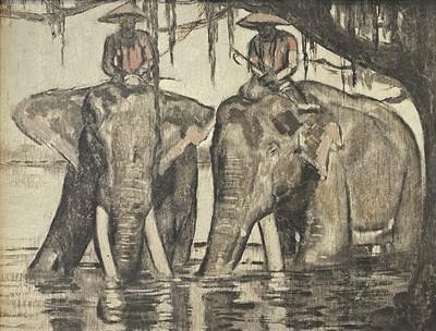 Lot 699 - Paul JOUVE (1878-1973) Two Elephants Oil on...