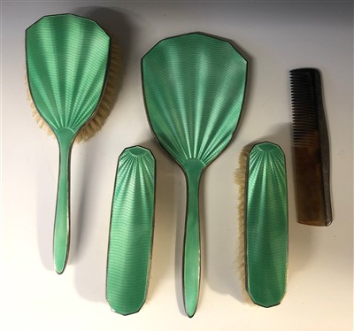 Lot 2007 - A 1930's silver dressing table set with green...