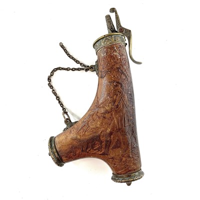 Lot 170 - A hardwood and brass mounted powder flask...
