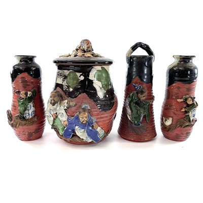 Lot 158 - A Japanese Sumida Gawa pottery lidded jar,...
