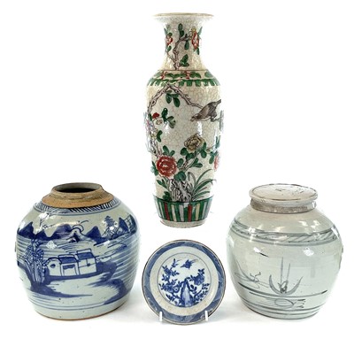 Lot 116 - A Chinese famille verte crackle glazed vase,...