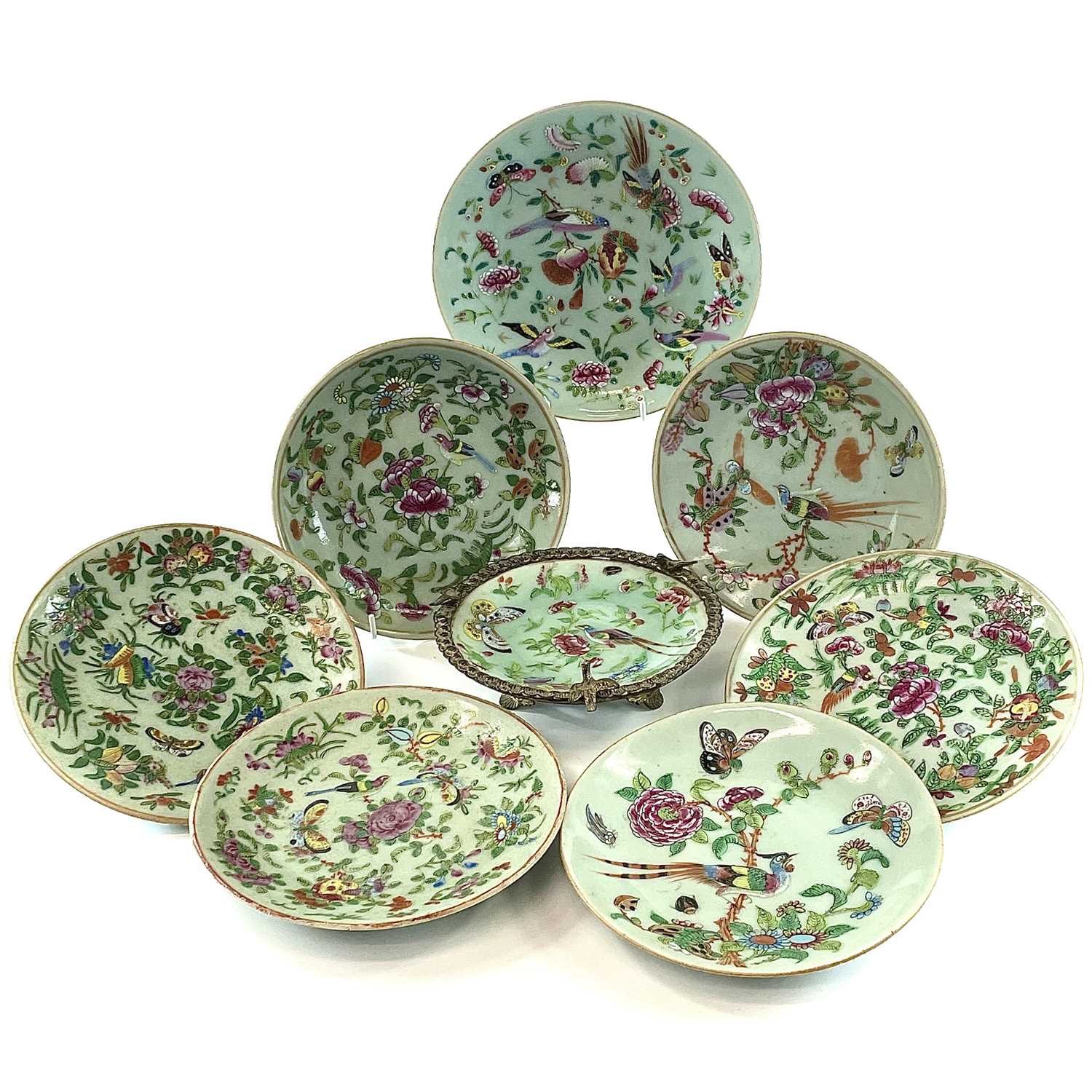 Lot 23 - Eight Chinese Canton celadon porcelain plates,...