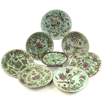 Lot 23 - Eight Chinese Canton celadon porcelain plates,...