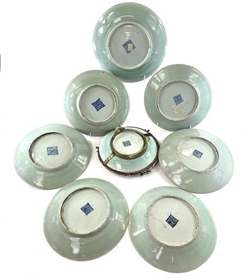 Lot 23 - Eight Chinese Canton celadon porcelain plates,...