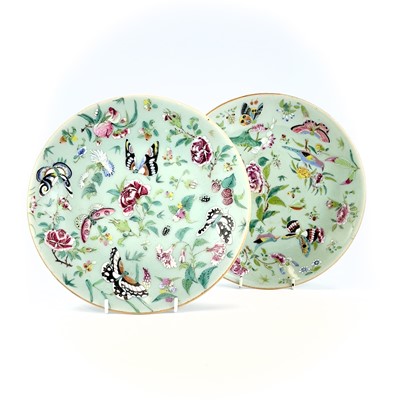 Lot 27 - Two Chinese Canton celadon porcelain plates,...