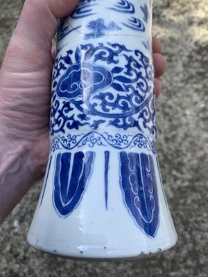 Lot 53 - A Chinese blue and white beaker vase, Gu,...