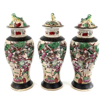 Lot 172 - Three Chinese crackle glaze famille baluster...