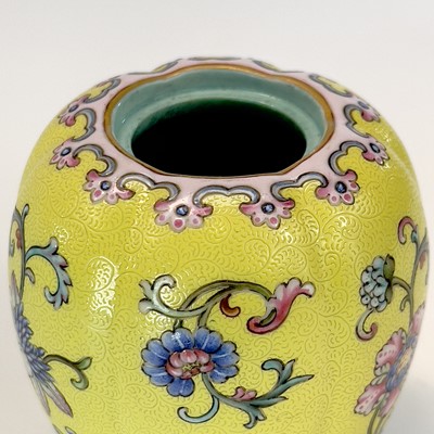 Lot 56 - A Chinese yellow ground and famille rose water...