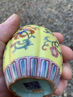 Lot 56 - A Chinese yellow ground and famille rose water...