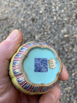 Lot 56 - A Chinese yellow ground and famille rose water...