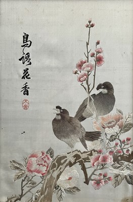 Lot 294 - A Chinese silk embroidered picture of birds on...