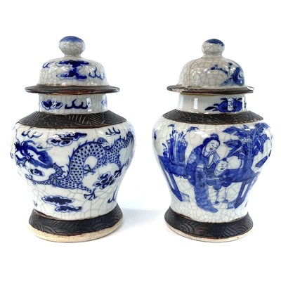 Lot 298 - Two Chinese blue and white crackle glaze vases,...