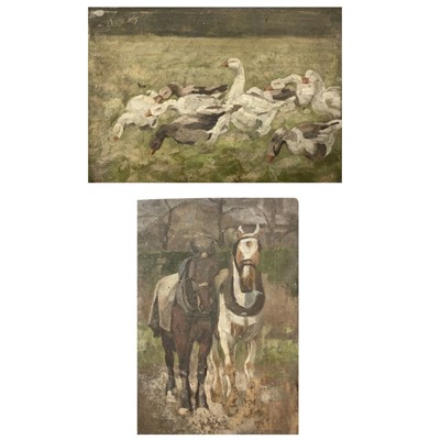 Lot 18 - Newlyn School Geese and to verso a ploughing...