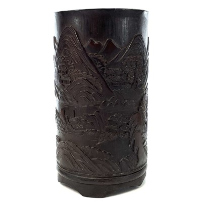 Lot 313 - A Chinese carved bamboo brush pot, carved with...