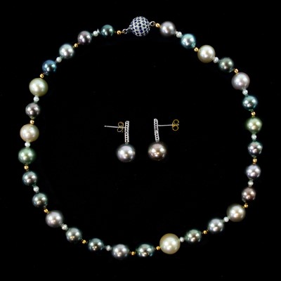 Lot 150 - A pair of grey cultured pearl and diamond earpendants and a multi-coloured cultured pearl necklace.