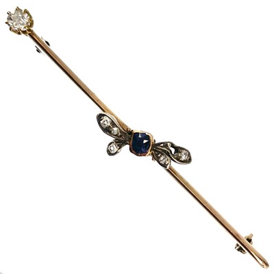 Lot 4 - A gold diamond and sapphire set bar brooch