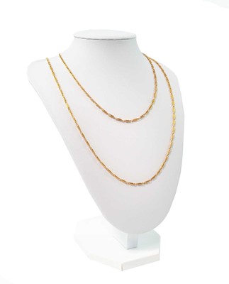Lot 79 - A rose gold (tests high purity) retangular fancy link longuard chain.