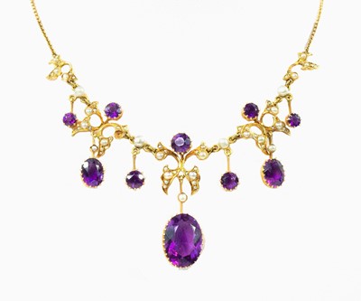 Lot 111 - Edwardian 15ct rose gold amethyst and pearl necklace by T. Gaunt & Co London & Melbourne.