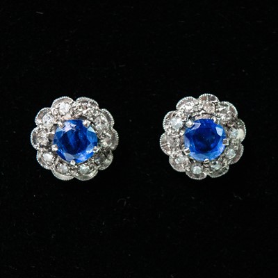 Lot 127 - A pair early 20th century rose gold diamond and sapphire cluster stud earrings.